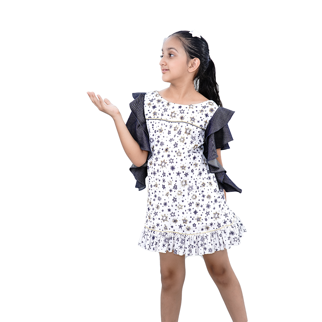 Pre Order: Sequins And Blue Star Embellished Pure Cotton Frock