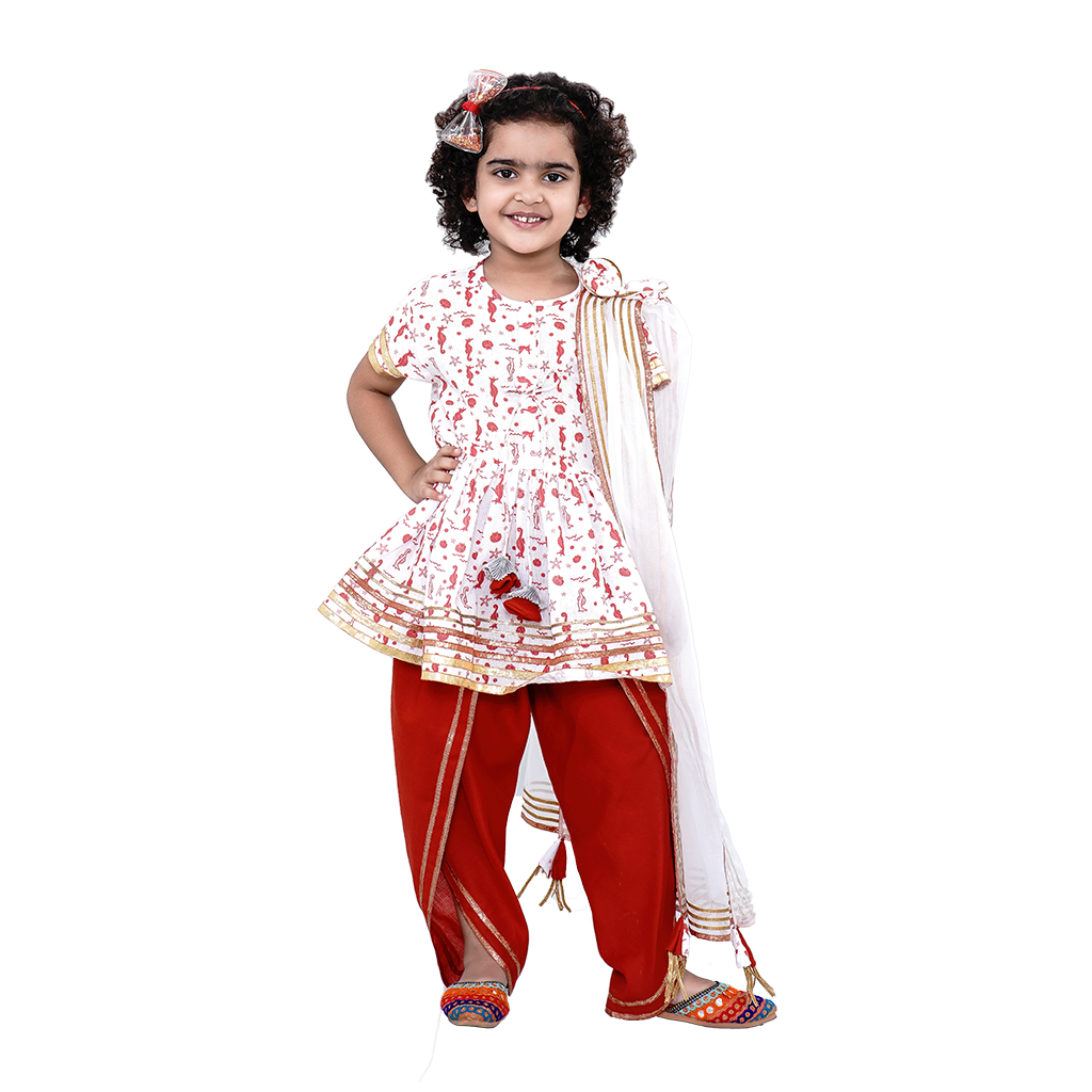 Pre Order: Sea Horse Printed Pure Cotton Angarkha Top With Orange Dhoti and Matching Organza Duppata