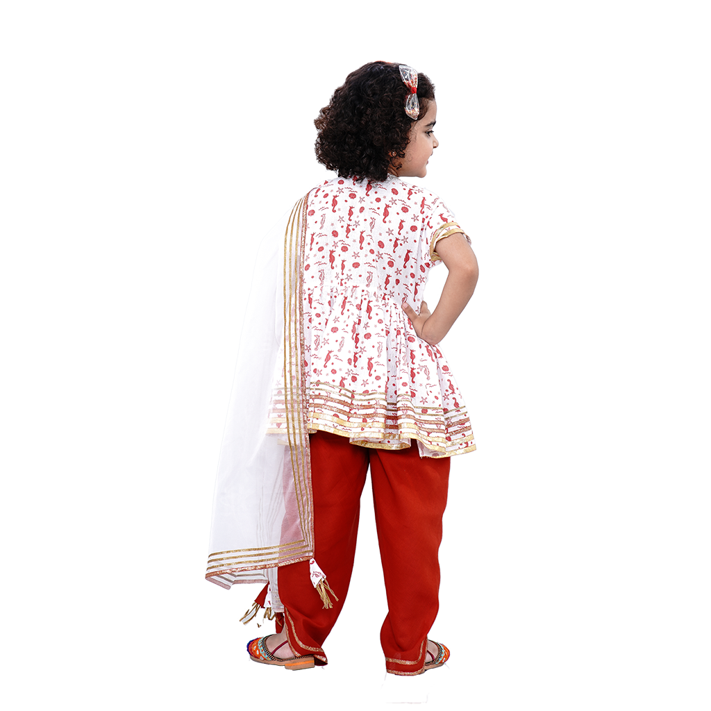 Pre Order: Sea Horse Printed Pure Cotton Angarkha Top With Orange Dhoti and Matching Organza Duppata