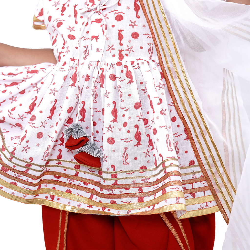 Pre Order: Sea Horse Printed Pure Cotton Angarkha Top With Orange Dhoti and Matching Organza Duppata