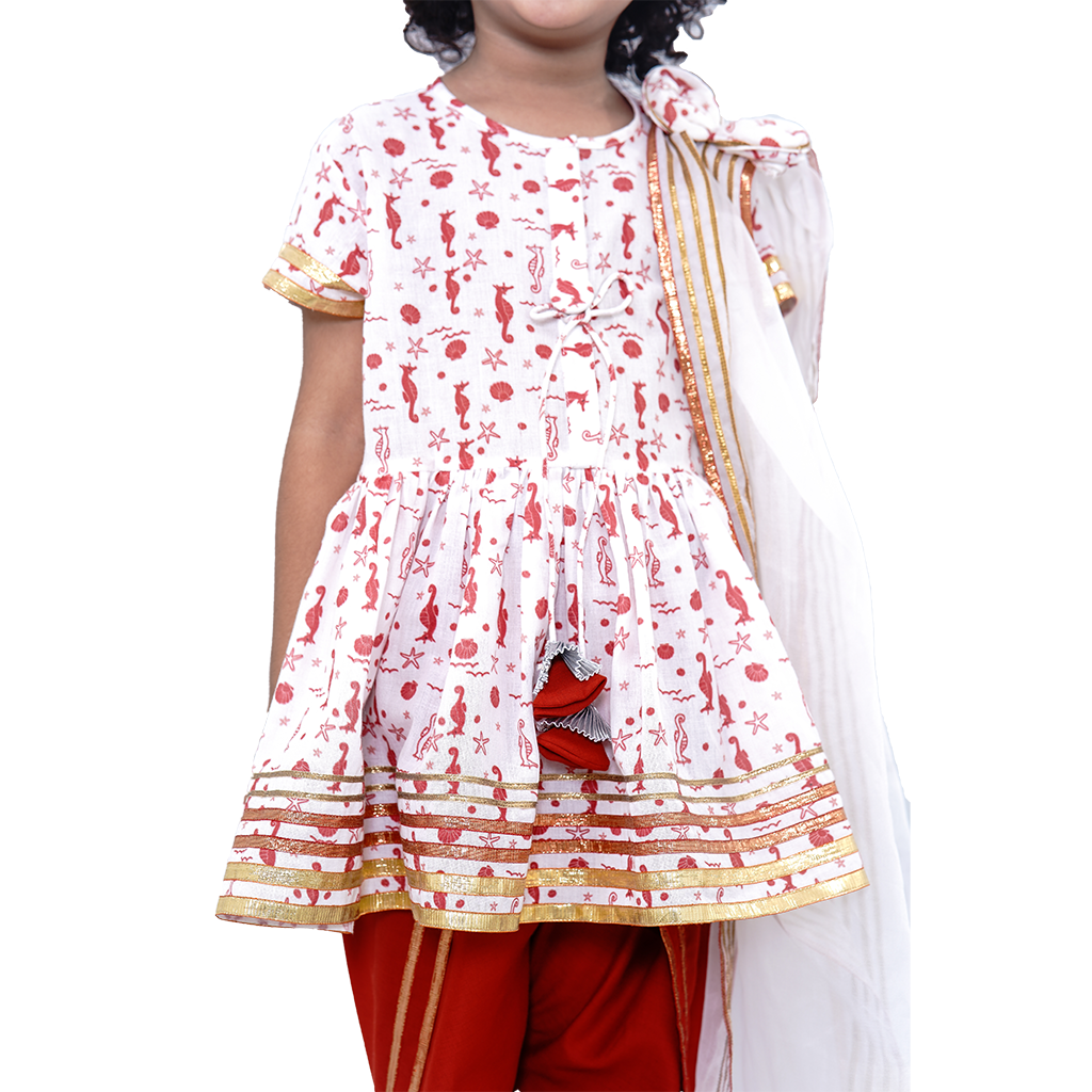 Pre Order: Sea Horse Printed Pure Cotton Angarkha Top With Orange Dhoti and Matching Organza Duppata