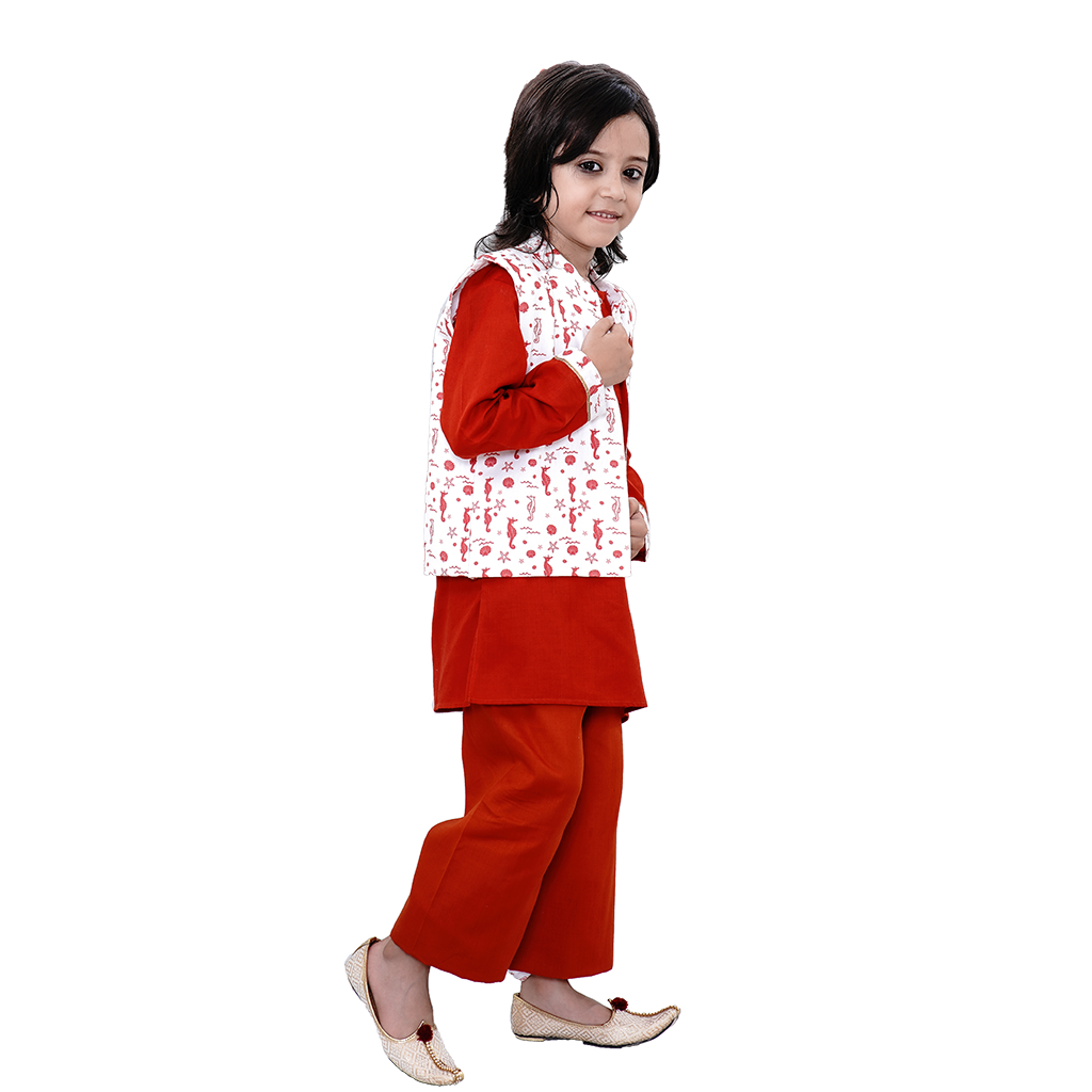 Pre Order: Sea Horse Printed Cotton Handloom Ethnic Jacket With Orange Kurta And Pyjama
