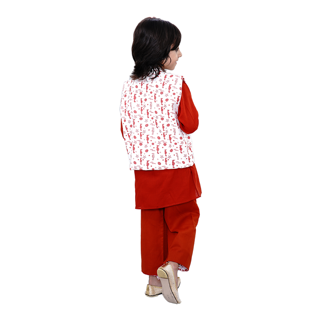 Pre Order: Sea Horse Printed Cotton Handloom Ethnic Jacket With Orange Kurta And Pyjama