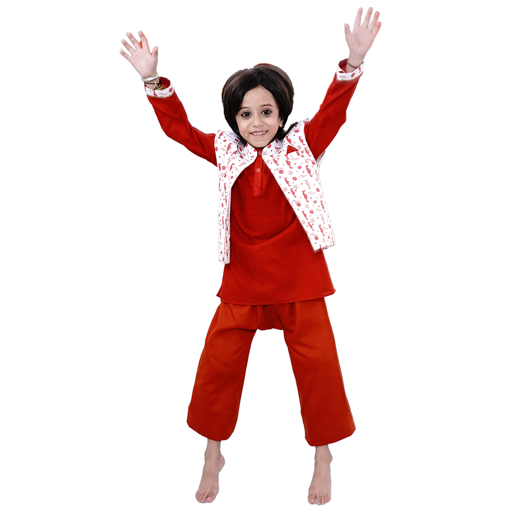 Pre Order: Sea Horse Printed Cotton Handloom Ethnic Jacket With Orange Kurta And Pyjama