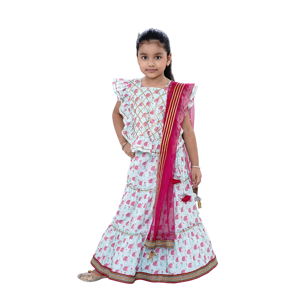 Pre Order:  Lady Bug Printed Teal Green Top And Lehenga With Contrasting Pink Dupatta
