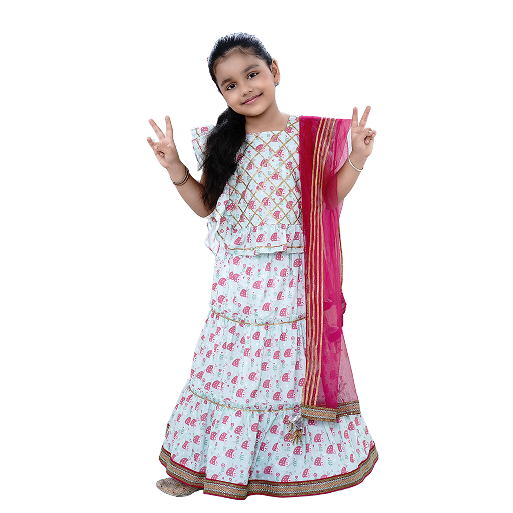 Pre Order:  Lady Bug Printed Teal Green Top And Lehenga With Contrasting Pink Dupatta