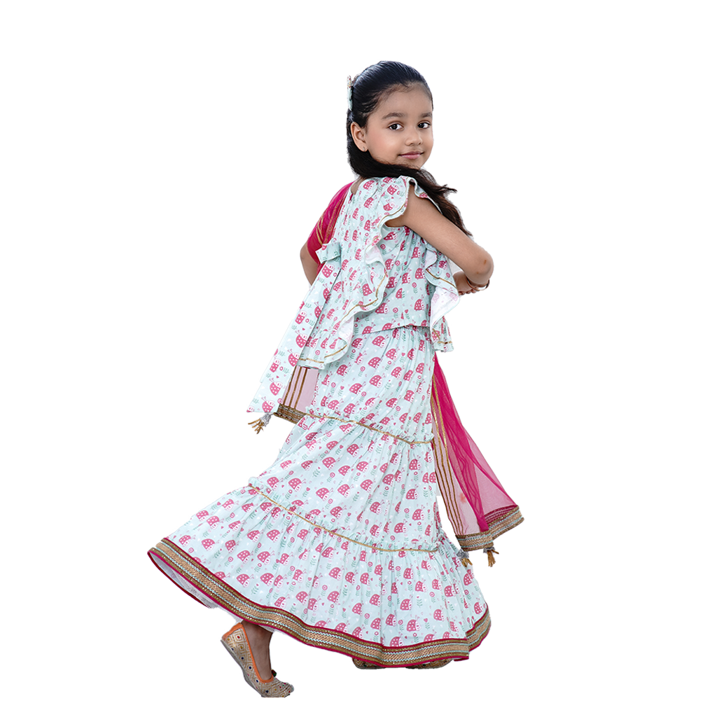 Pre Order:  Lady Bug Printed Teal Green Top And Lehenga With Contrasting Pink Dupatta