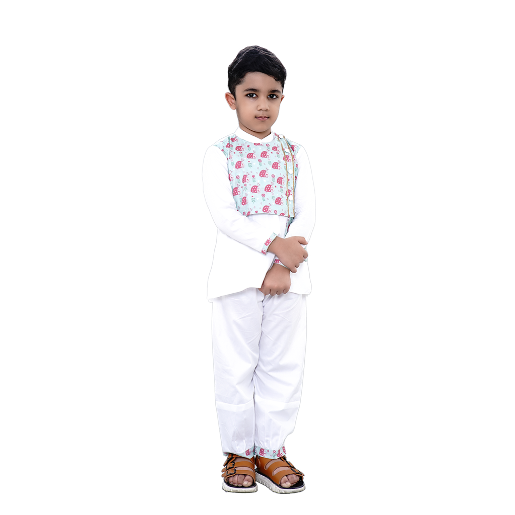 Pre Order: Lady Bug Printed Jacket Attached With White Kurta and Pyjama