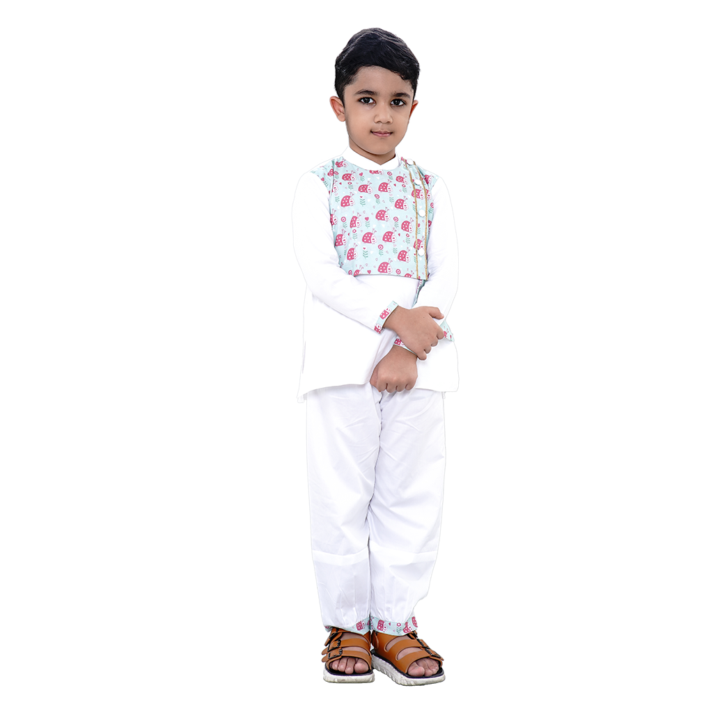 Pre Order: Lady Bug Printed Jacket Attached With White Kurta and Pyjama
