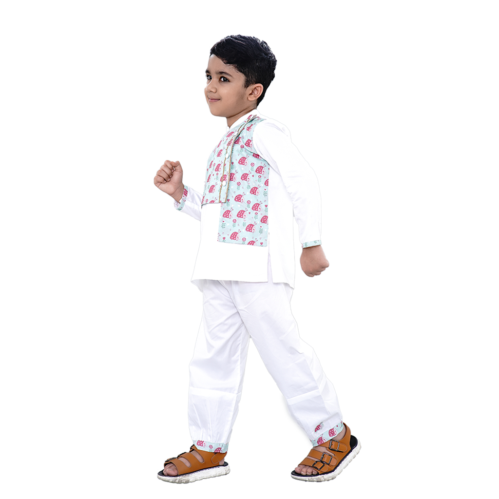 Pre Order: Lady Bug Printed Jacket Attached With White Kurta and Pyjama