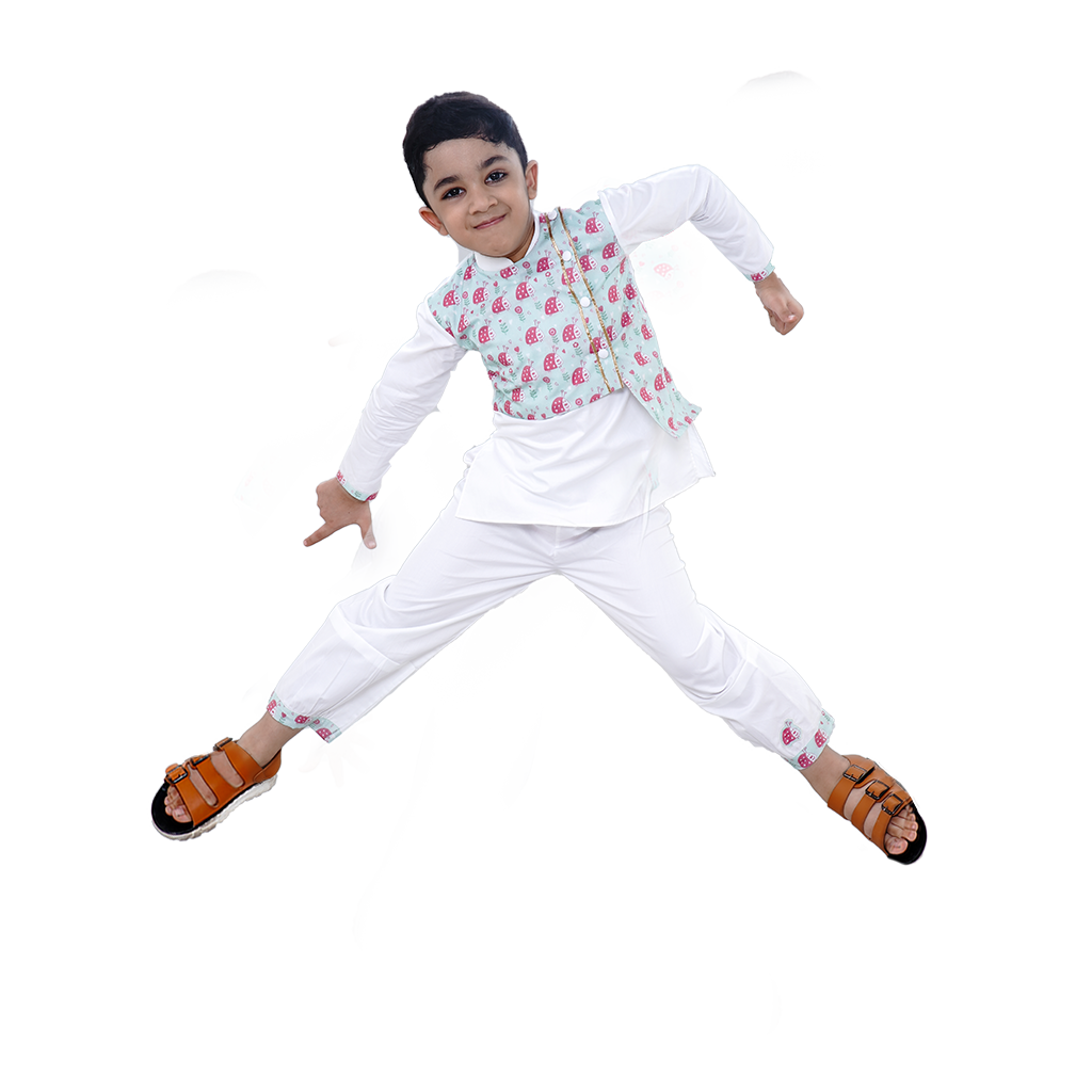 Pre Order: Lady Bug Printed Jacket Attached With White Kurta and Pyjama