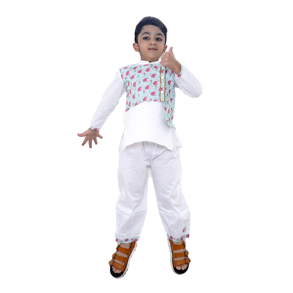 Pre Order: Lady Bug Printed Jacket Attached With White Kurta and Pyjama