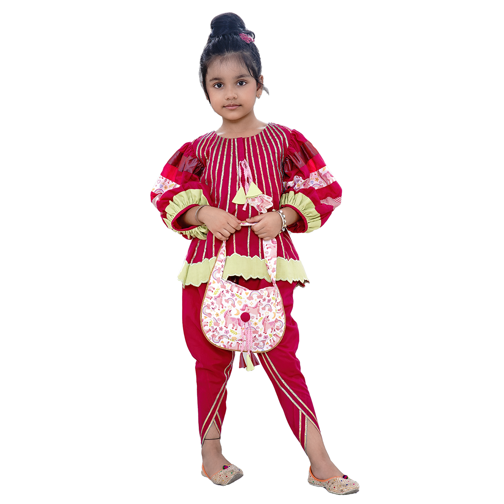 Pre Order: Unicorn Puffed Balloon Sleeves And Gota Stripes Flared  Pink Kurti With Tulip Dhoti and Unicorn Purse