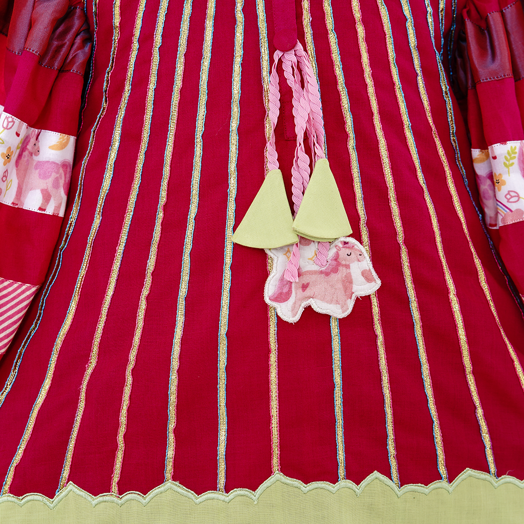 Pre Order: Unicorn Puffed Balloon Sleeves And Gota Stripes Flared  Pink Kurti With Tulip Dhoti and Unicorn Purse
