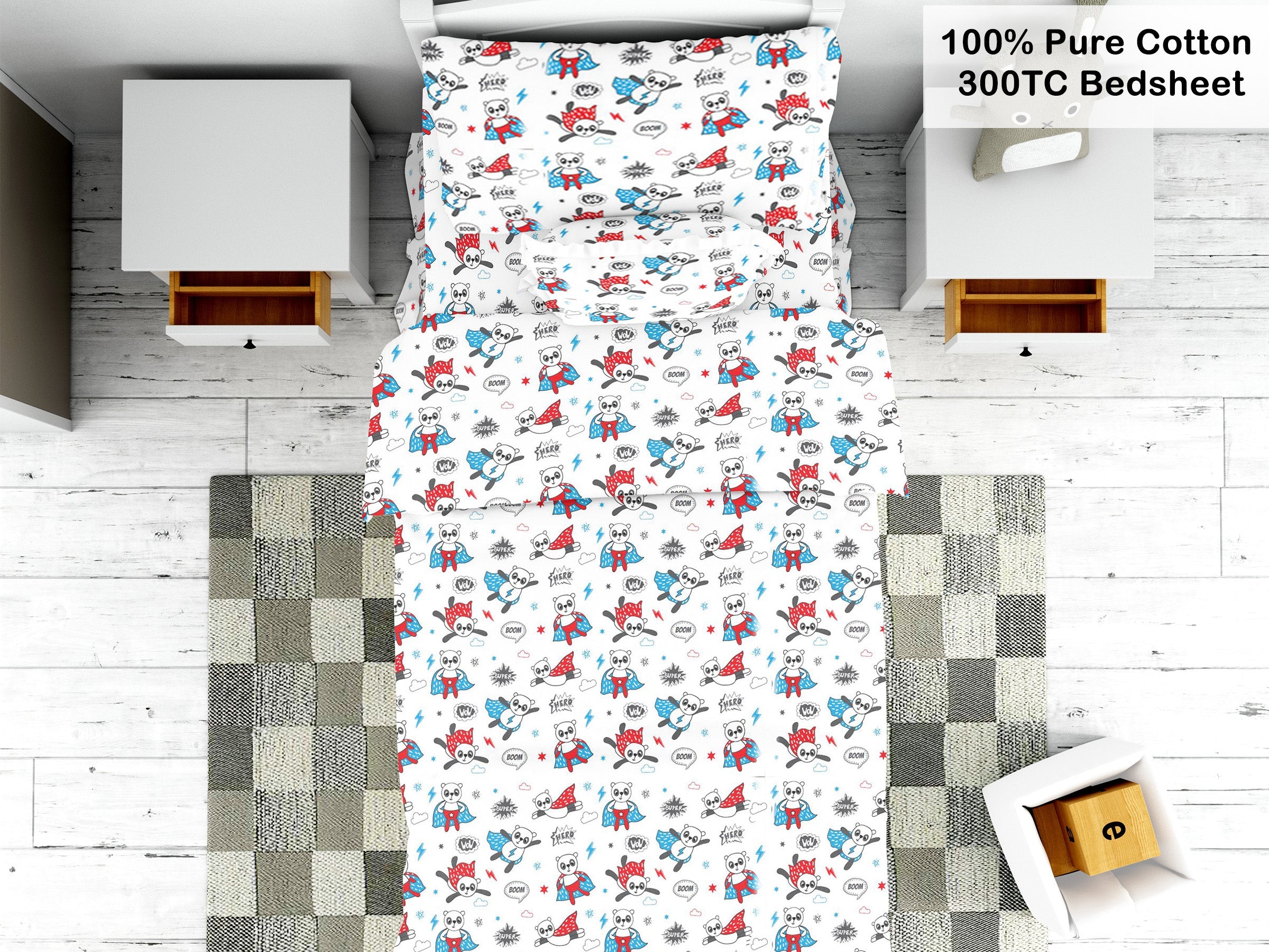 littleland - Superhero 100% Pure Cotton 300 TC Single Bedsheet for Kids Room for Girls with One Pillow Cover | Glow in The Dark | Blue