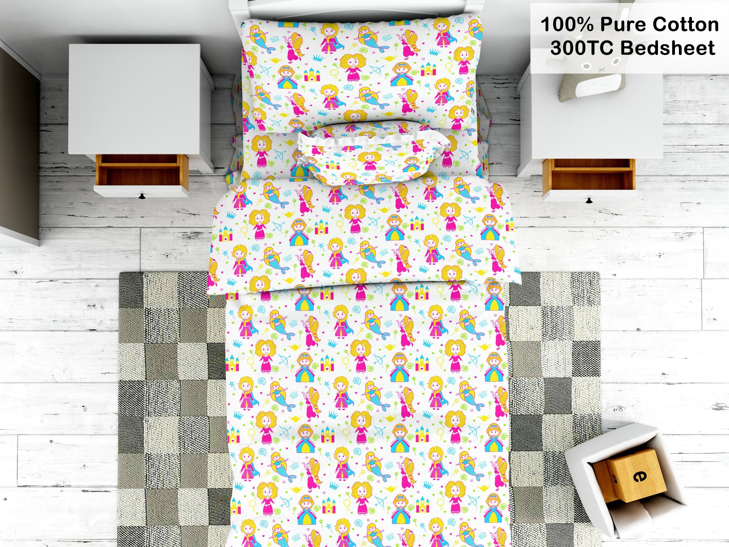 littleland - Princess 100% Pure Cotton 300 TC Single Bedsheet for Kids Room for Girls with One Pillow Cover | Glow in The Dark | Pink